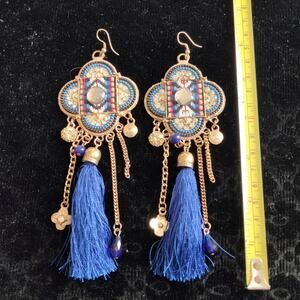 Iris Apfel & Bajalia Blue & Gold Embellished Tasseled HUGE Statement Earrings